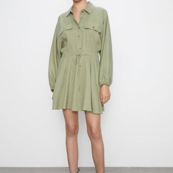 Zara Women's Light Green Long Sleeve Button Front‎ Tie Waist Shirt Dress Size S - Picture 1 of 10